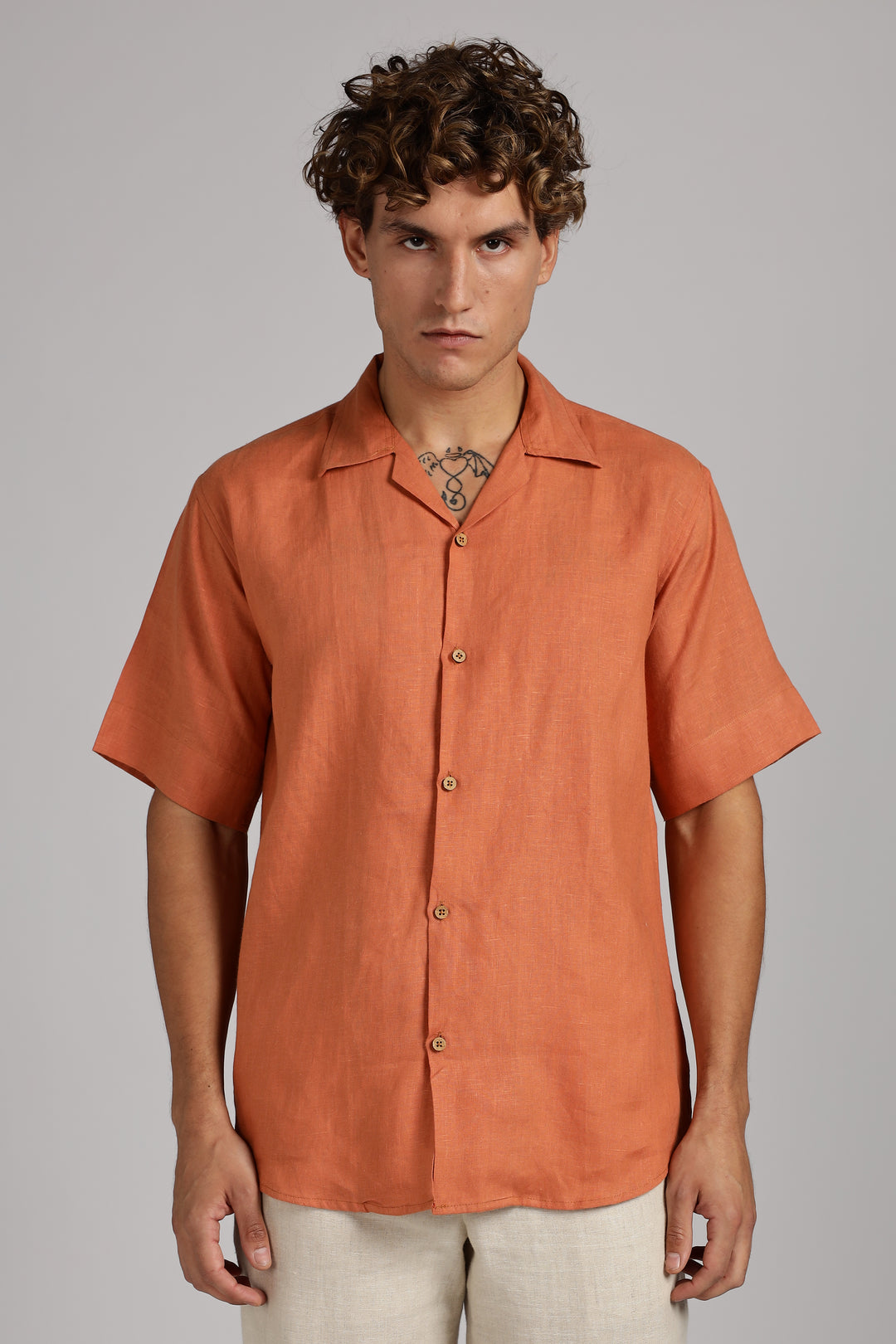 Terracotta Orange Linen Shirt for Men - Pure 100% Linen - Casual Summer Wear - Handcrafted in India | CraftedLinen