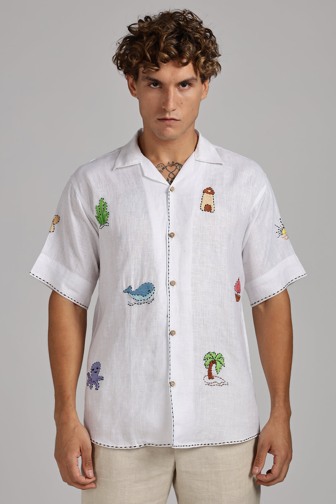Handwork White Linen Shirt – Beach Vibe Embroidery – Made from Premium Pure Linen – Men's Trending Fashion | CraftedLinen