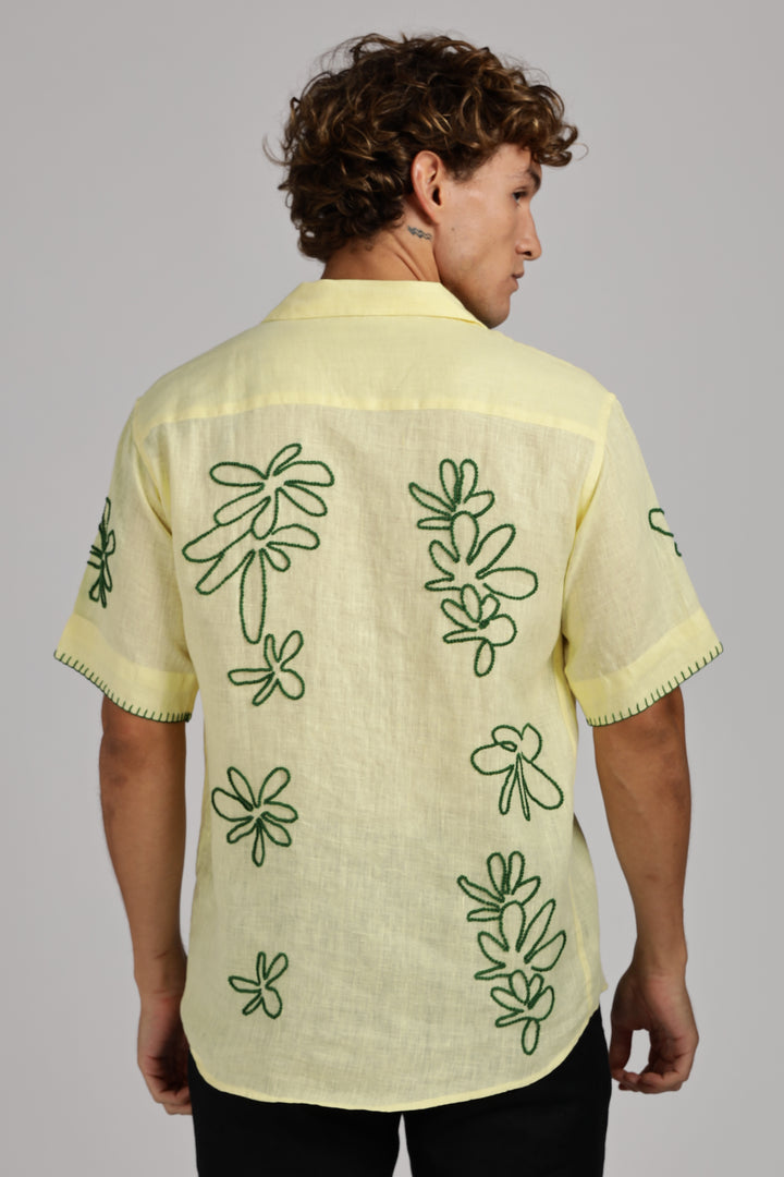 Handwork Yellow Linen Shirt – Green Floral Line Embroidery – 100% Pure Linen – Men's Summer Fashion | CraftedLinen