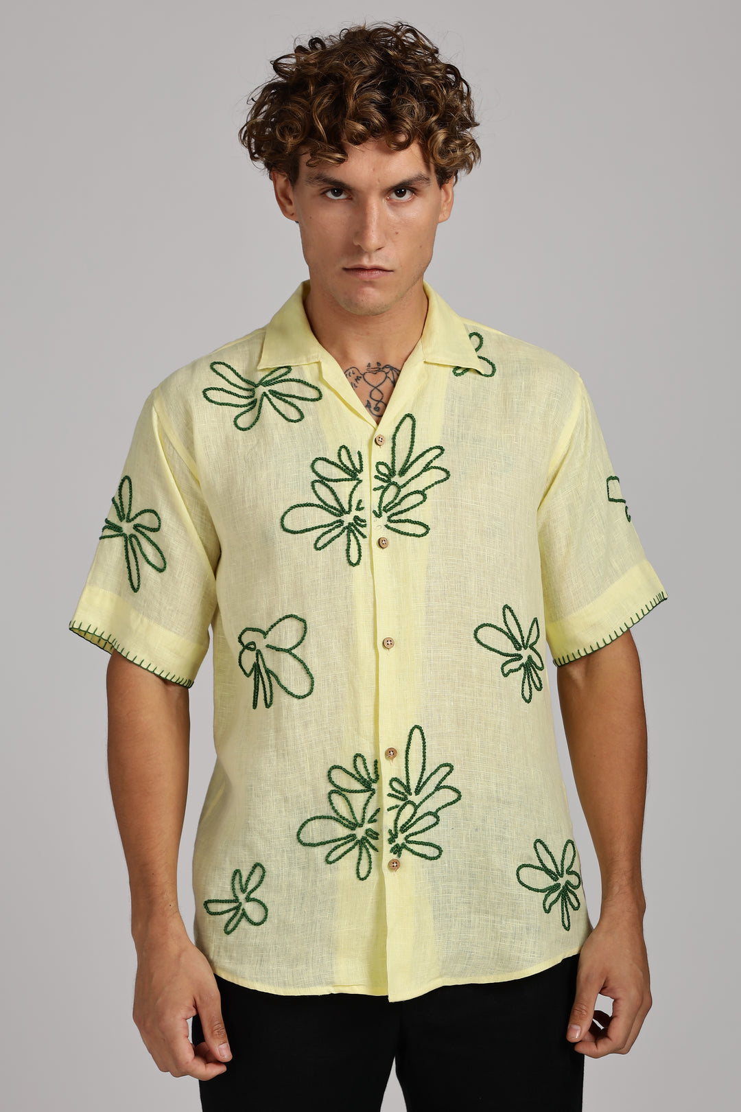 Handwork Yellow Linen Shirt – Green Floral Line Embroidery – 100% Pure Linen – Men's Summer Fashion | CraftedLinen