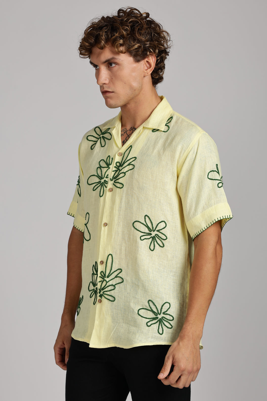 Handwork Yellow Linen Shirt – Green Floral Line Embroidery – 100% Pure Linen – Men's Summer Fashion | CraftedLinen