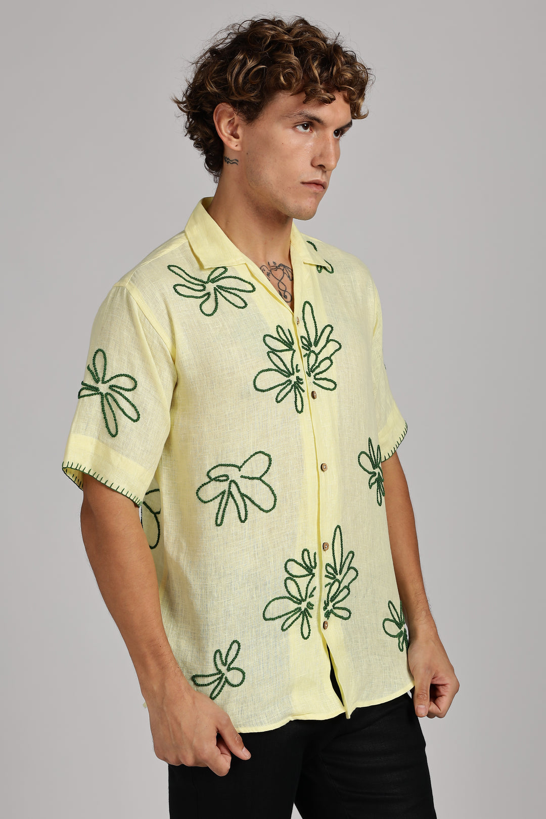 Handwork Yellow Linen Shirt – Green Floral Line Embroidery – 100% Pure Linen – Men's Summer Fashion | CraftedLinen