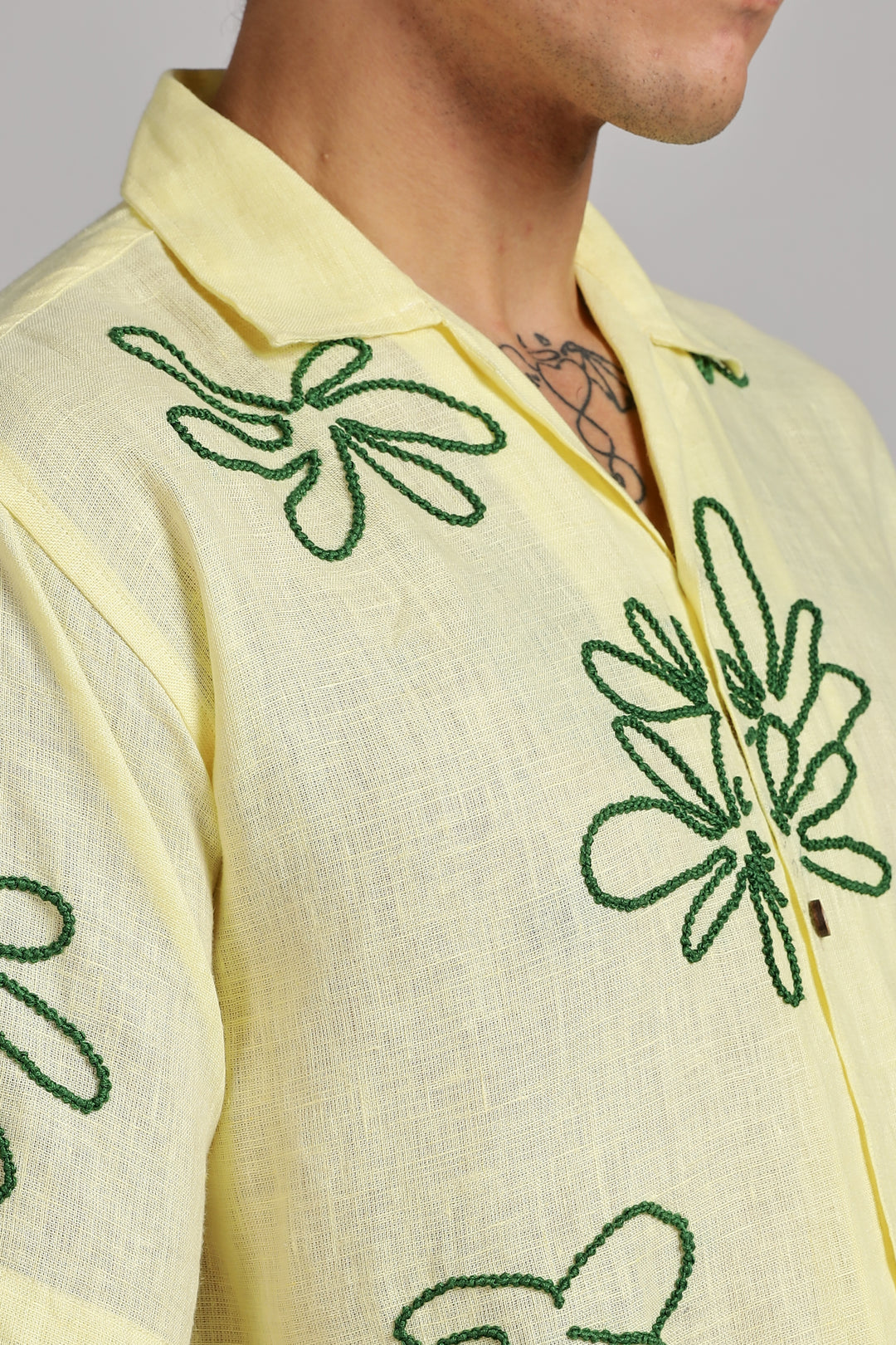 Handwork Yellow Linen Shirt – Green Floral Line Embroidery – 100% Pure Linen – Men's Summer Fashion | CraftedLinen