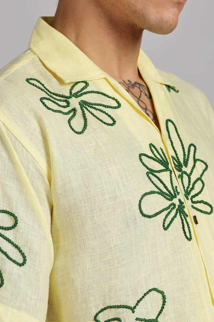 Handwork Yellow Linen Shirt – Green Floral Line Embroidery – 100% Pure Linen – Men's Summer Fashion | CraftedLinen