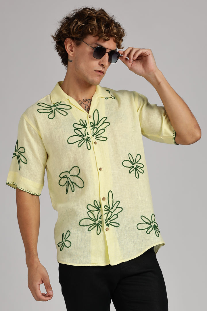 Handwork Yellow Linen Shirt – Green Floral Line Embroidery – 100% Pure Linen – Men's Summer Fashion | CraftedLinen