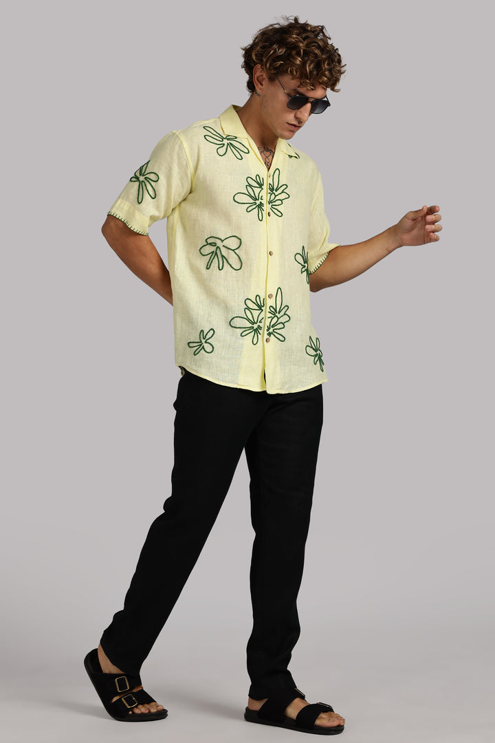 Handwork Yellow Linen Shirt – Green Floral Line Embroidery – 100% Pure Linen – Men's Summer Fashion | CraftedLinen