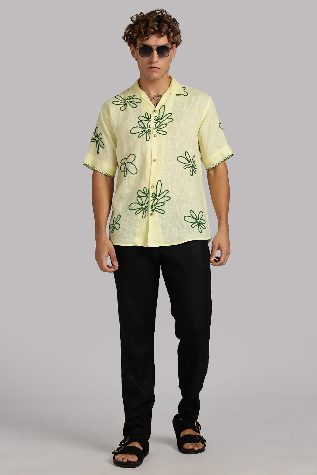 Handwork Yellow Linen Shirt – Green Floral Line Embroidery – 100% Pure Linen – Men's Summer Fashion | CraftedLinen