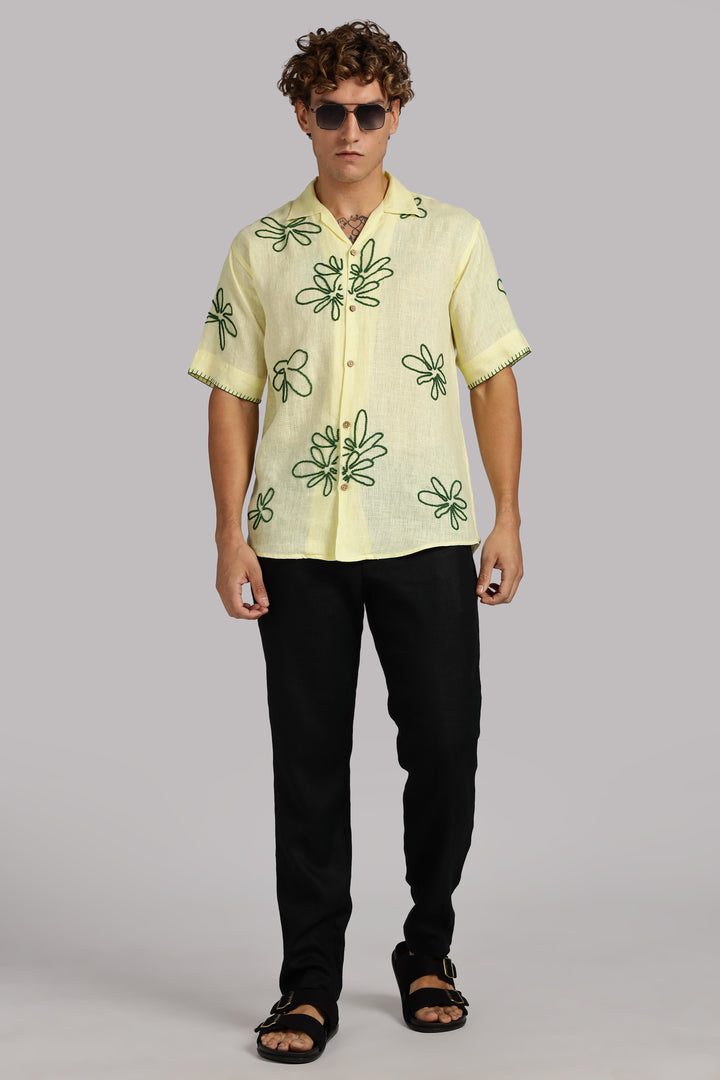 Handwork Yellow Linen Shirt – Green Floral Line Embroidery – 100% Pure Linen – Men's Summer Fashion | CraftedLinen