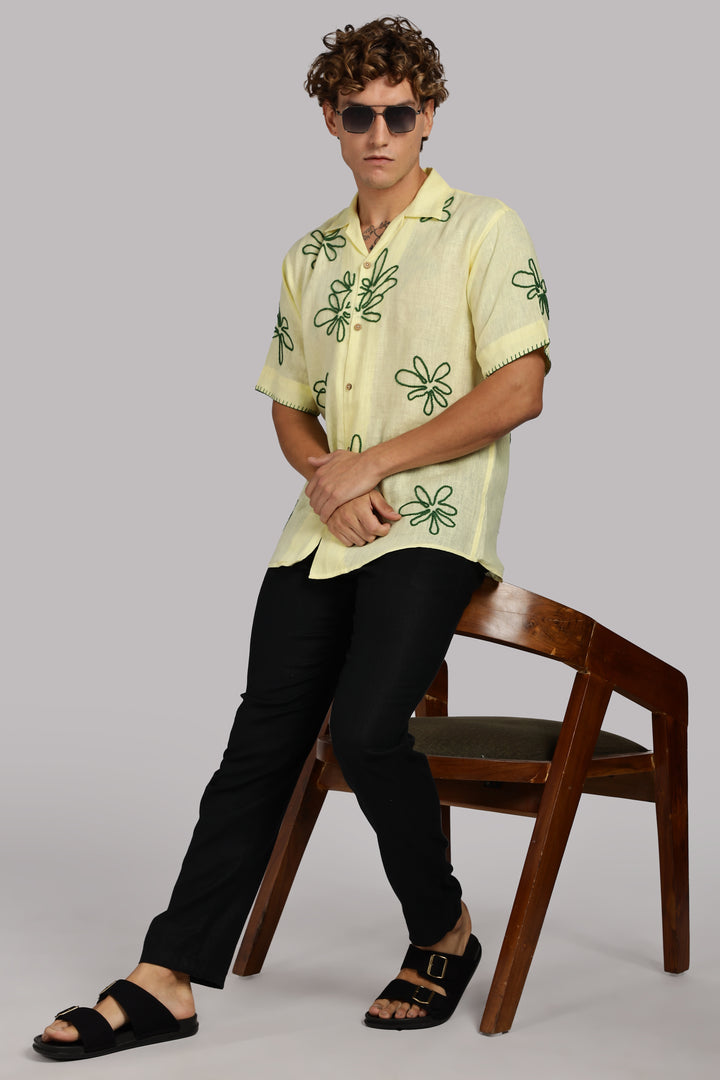 Handwork Yellow Linen Shirt – Green Floral Line Embroidery – 100% Pure Linen – Men's Summer Fashion | CraftedLinen