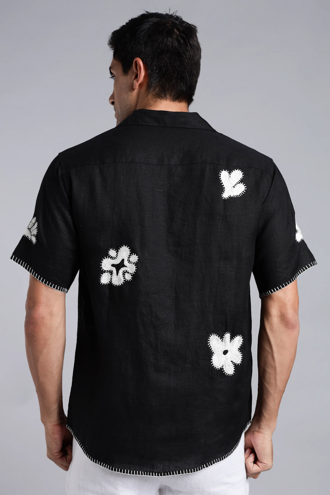 Handwork Jet Black Linen Shirt – White Petal & Spiral Embroidery – 100% Pure Linen – Men's Trending Fashion | CraftedLinen