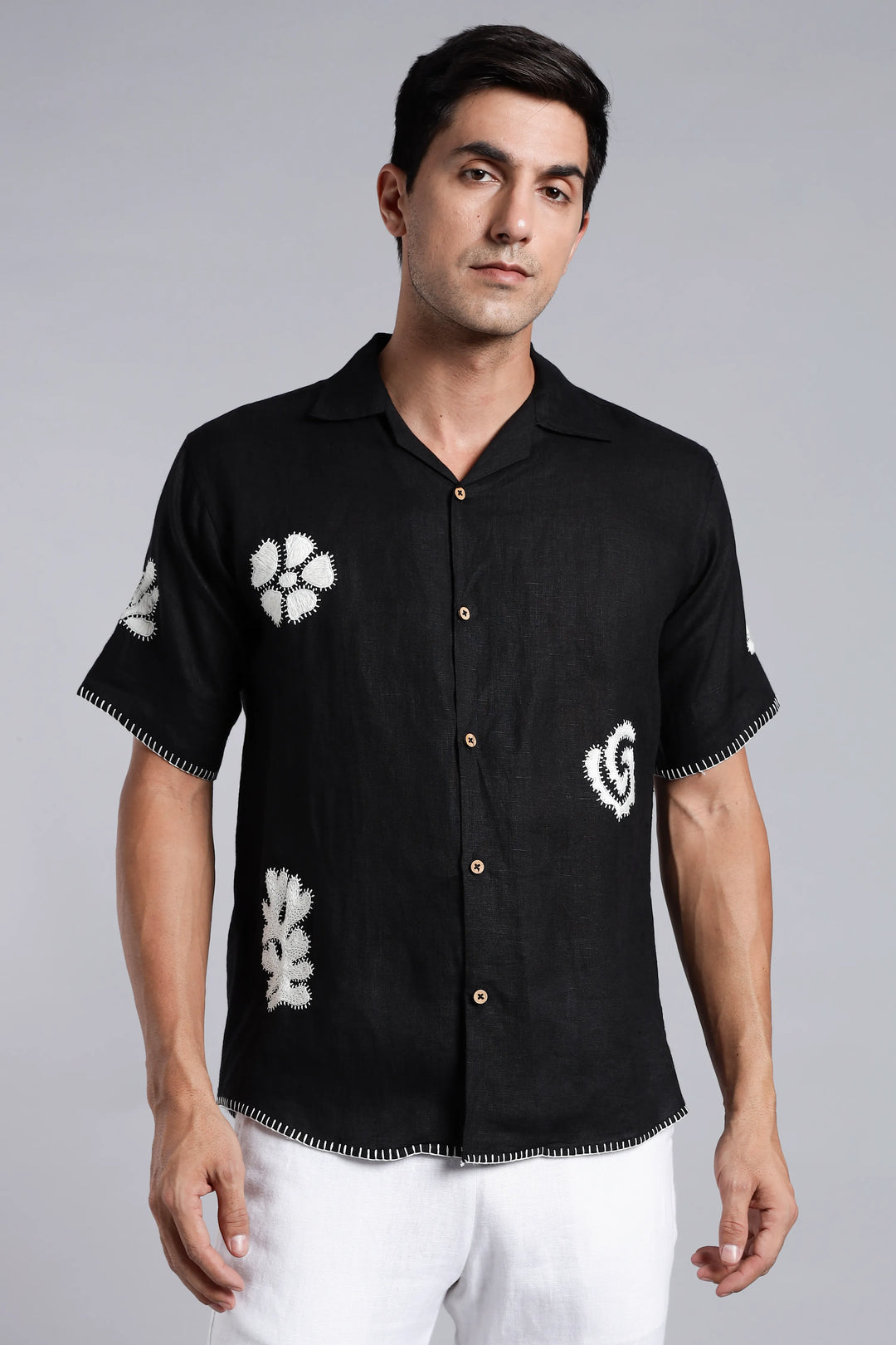 Handwork Jet Black Linen Shirt – White Petal & Spiral Embroidery – 100% Pure Linen – Men's Trending Fashion | CraftedLinen
