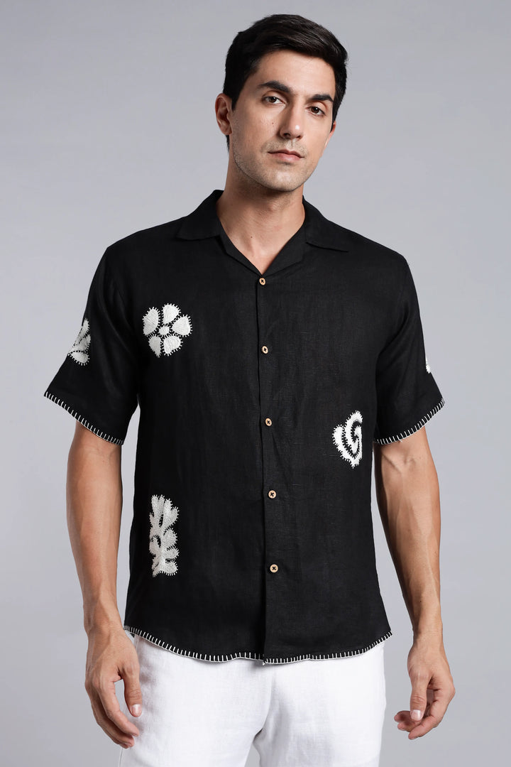 Handwork Jet Black Linen Shirt – White Petal & Spiral Embroidery – 100% Pure Linen – Men's Trending Fashion | CraftedLinen