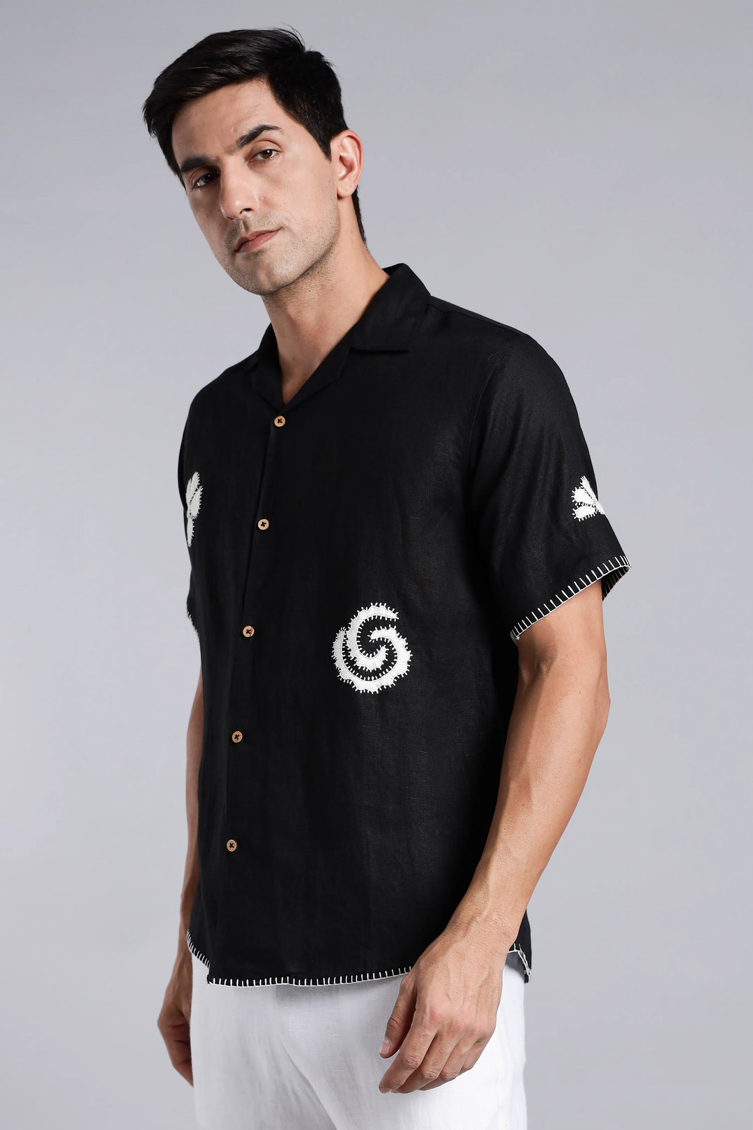 Handwork Jet Black Linen Shirt – White Petal & Spiral Embroidery – 100% Pure Linen – Men's Trending Fashion | CraftedLinen