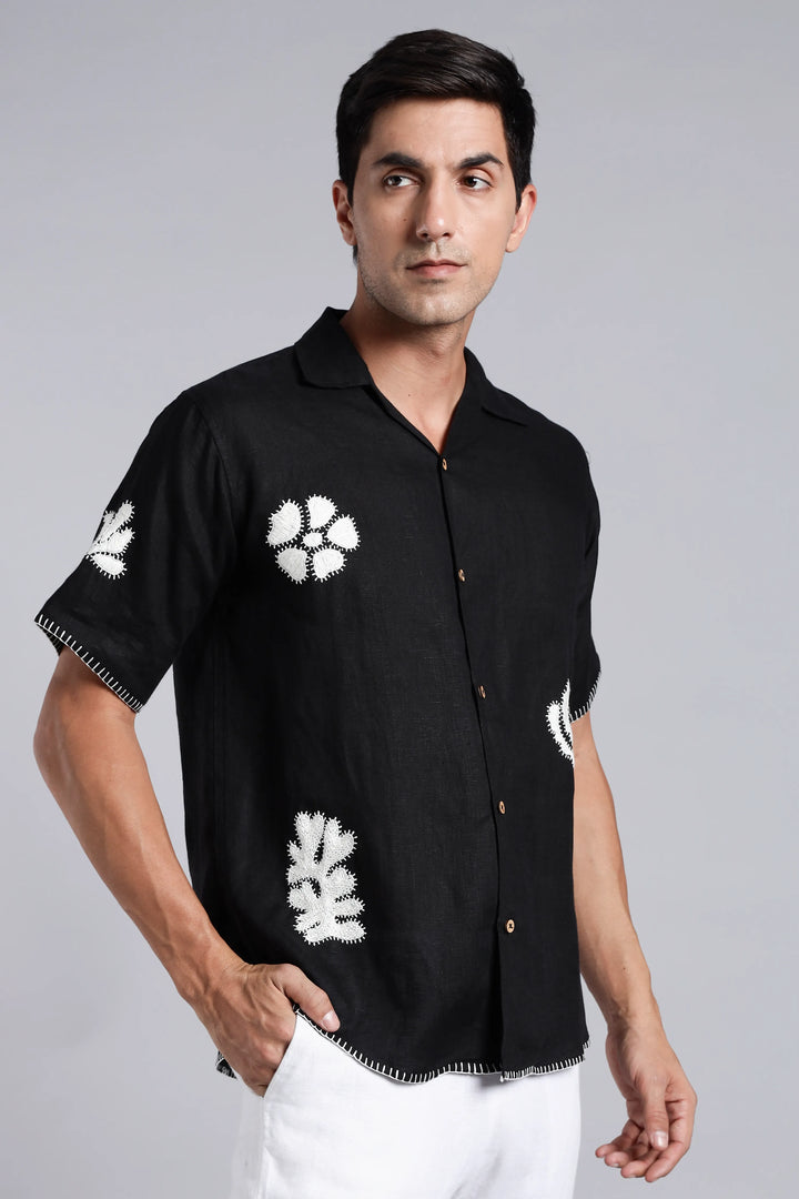 Handwork Jet Black Linen Shirt – White Petal & Spiral Embroidery – 100% Pure Linen – Men's Trending Fashion | CraftedLinen