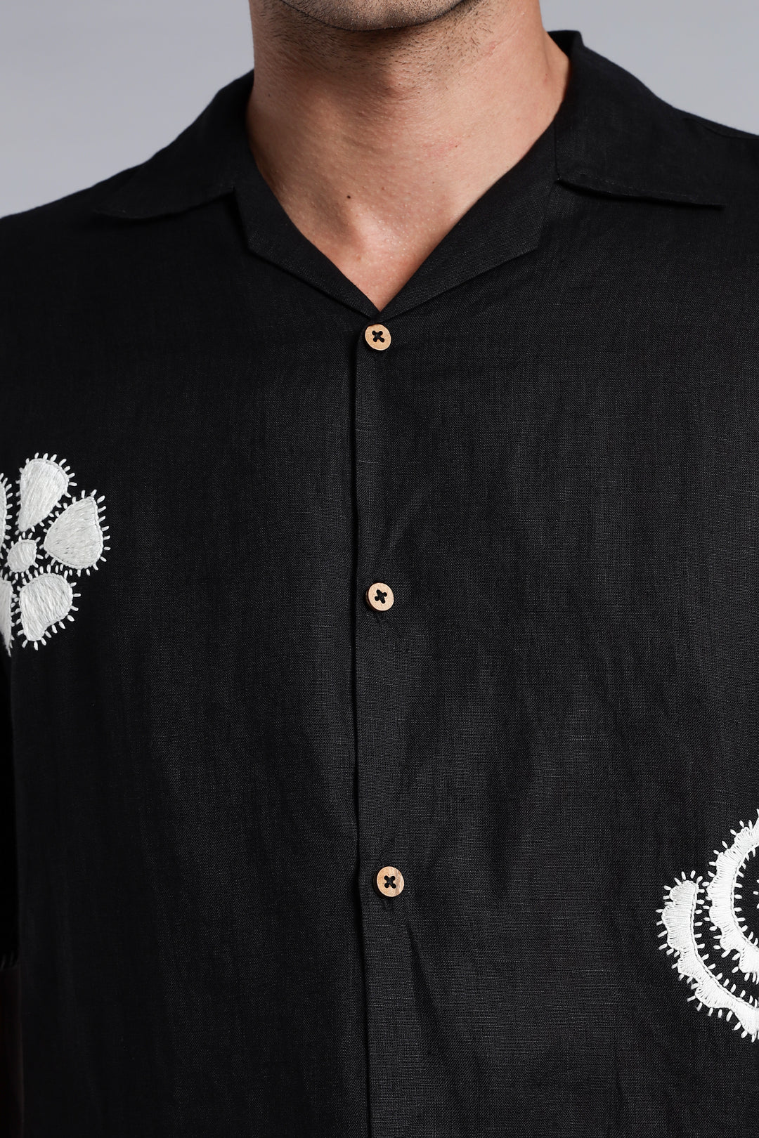 Handwork Jet Black Linen Shirt – White Petal & Spiral Embroidery – 100% Pure Linen – Men's Trending Fashion | CraftedLinen