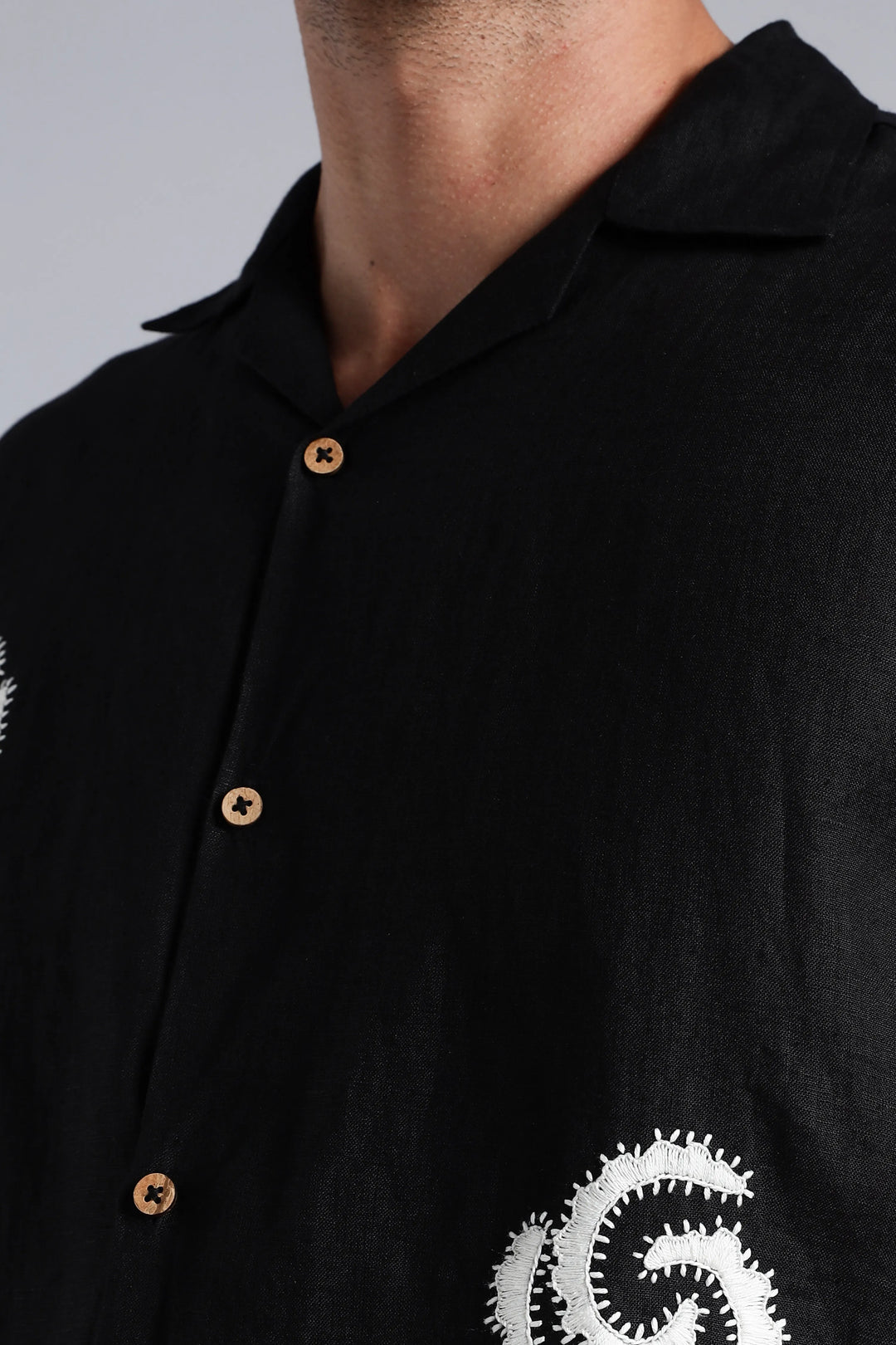 Handwork Jet Black Linen Shirt – White Petal & Spiral Embroidery – 100% Pure Linen – Men's Trending Fashion | CraftedLinen