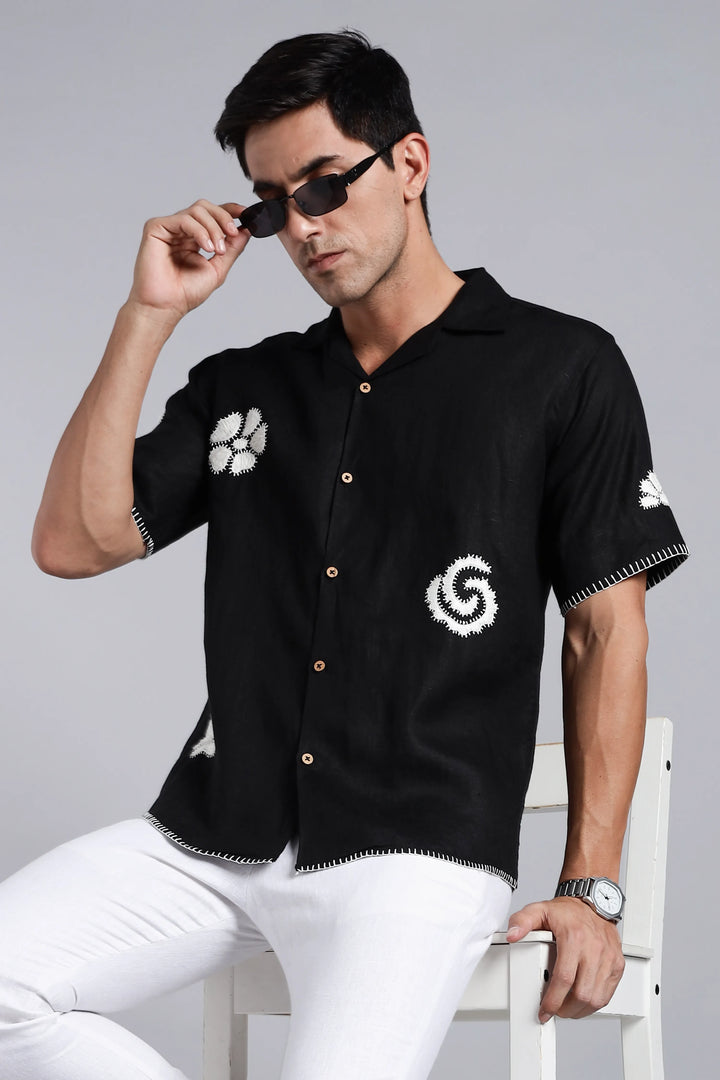 Handwork Jet Black Linen Shirt – White Petal & Spiral Embroidery – 100% Pure Linen – Men's Trending Fashion | CraftedLinen