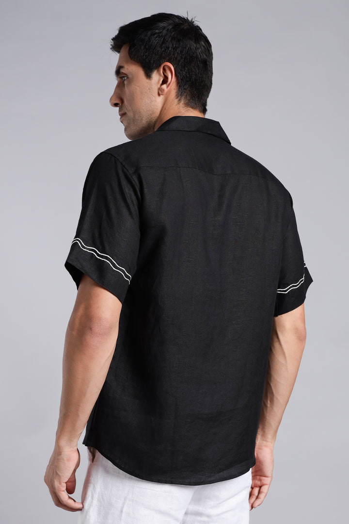 Handwork Black Linen Shirt – WanderMood Embroidery – 100% Pure Linen – Men's Trending Fashion | CraftedLinen