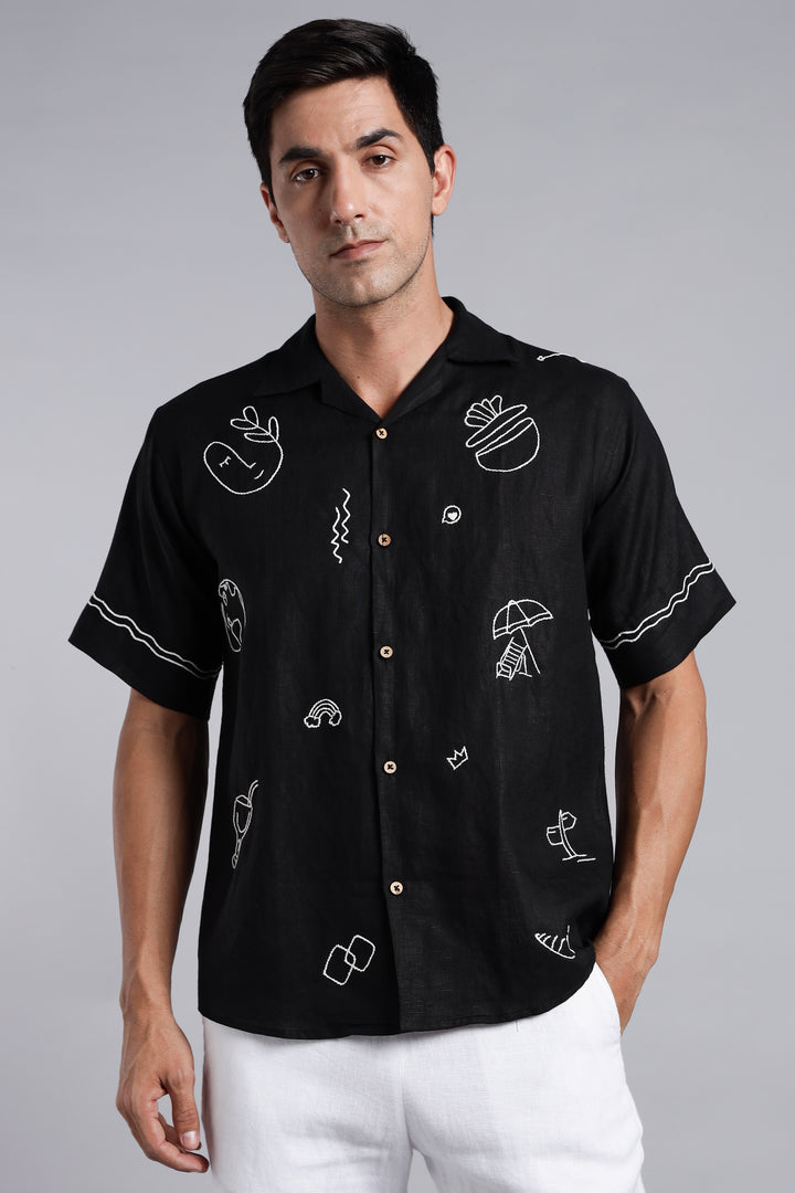 Handwork Black Linen Shirt – WanderMood Embroidery – 100% Pure Linen – Men's Trending Fashion | CraftedLinen