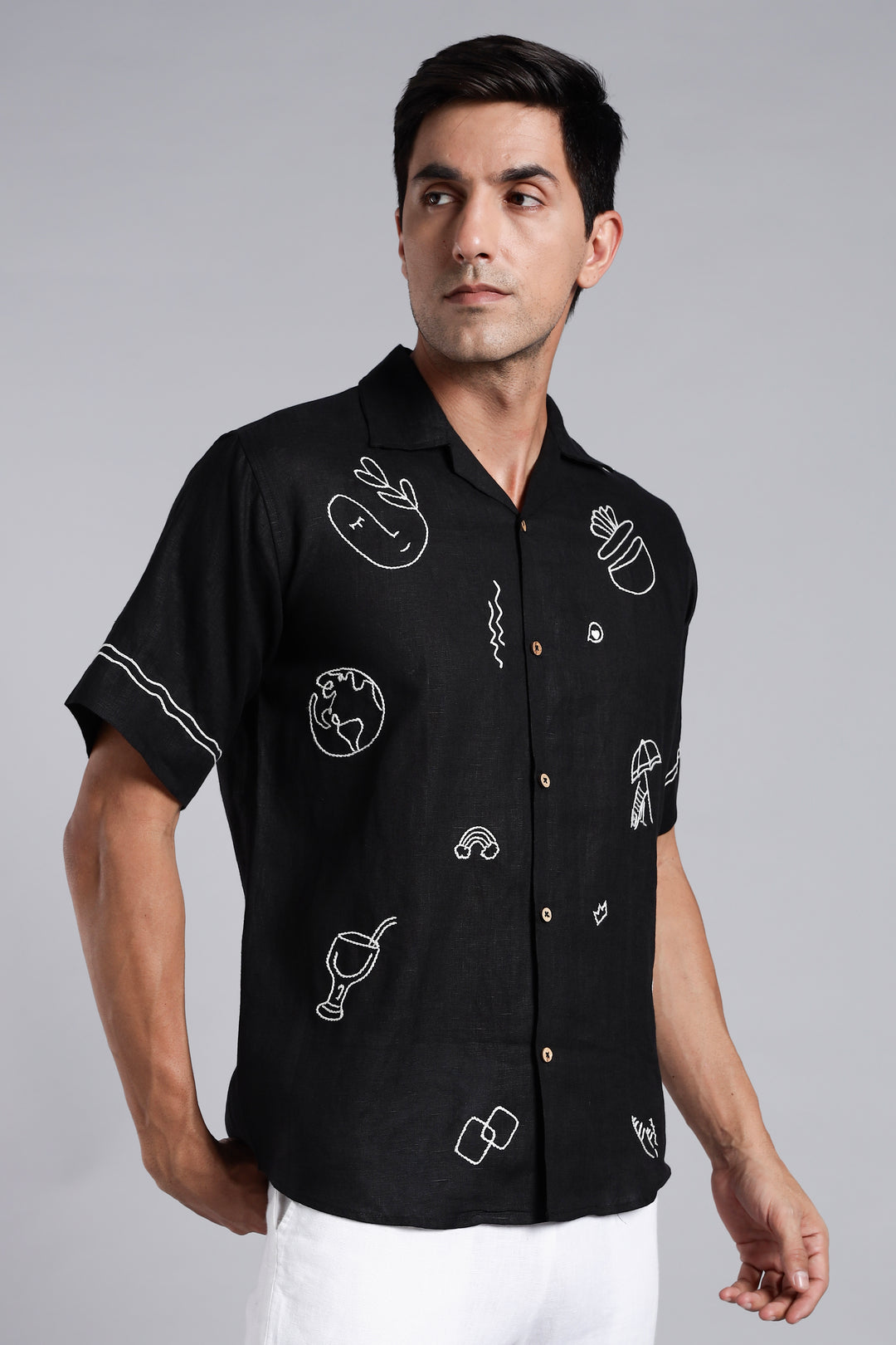 Handwork Black Linen Shirt – WanderMood Embroidery – 100% Pure Linen – Men's Trending Fashion | CraftedLinen