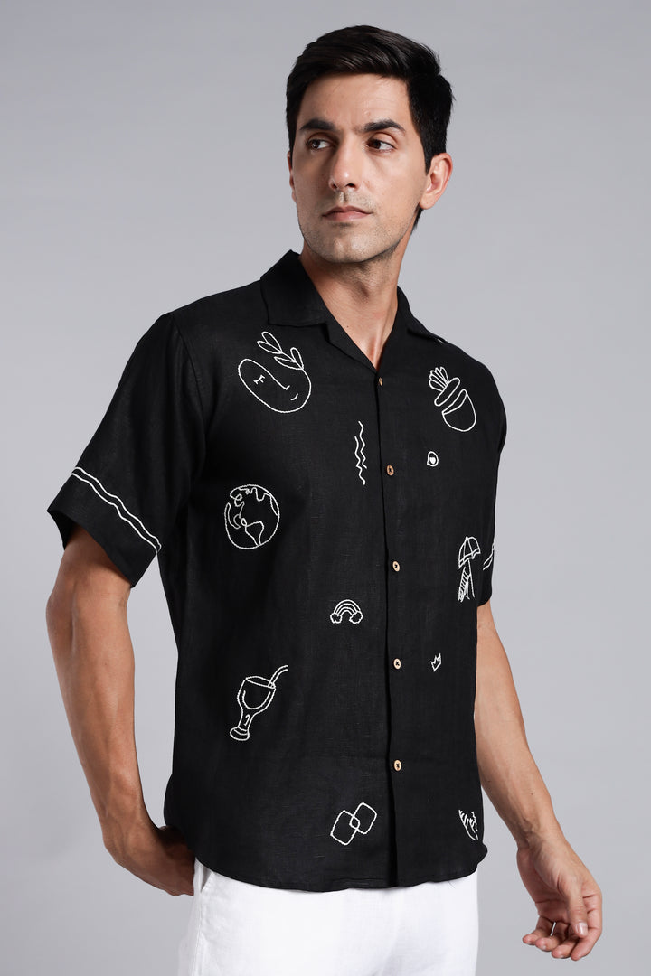 Handwork Black Linen Shirt – WanderMood Embroidery – 100% Pure Linen – Men's Trending Fashion | CraftedLinen
