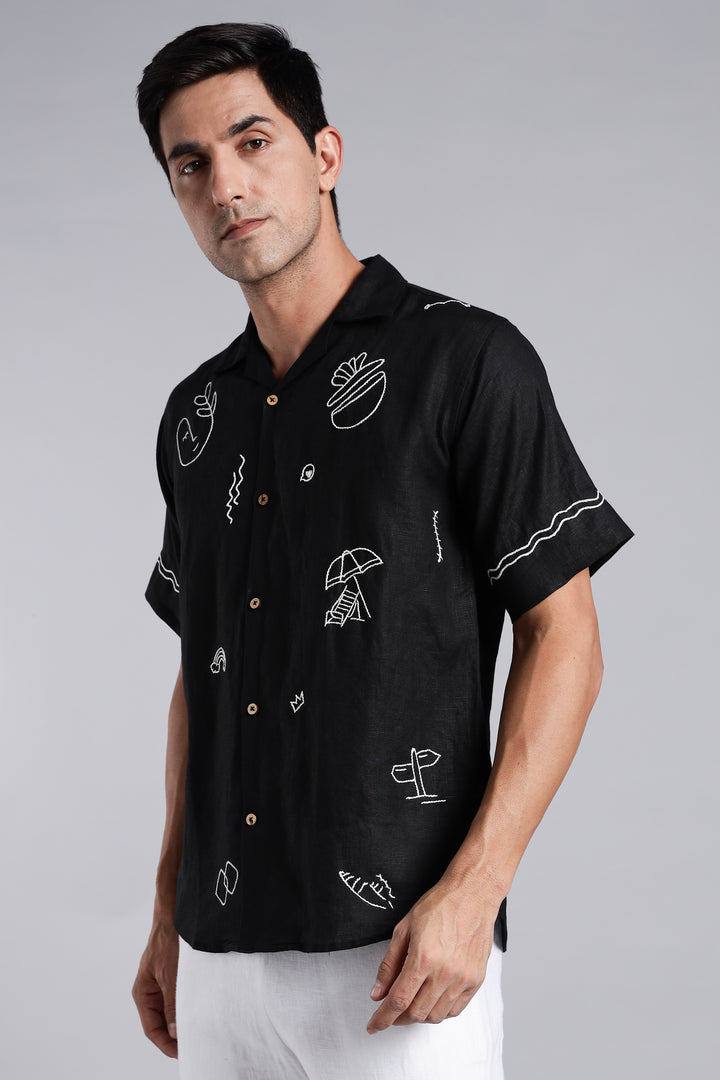 Handwork Black Linen Shirt – WanderMood Embroidery – 100% Pure Linen – Men's Trending Fashion | CraftedLinen