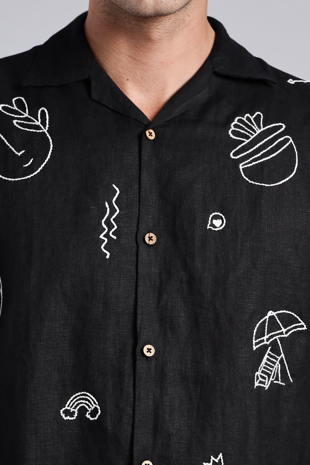 Handwork Black Linen Shirt – WanderMood Embroidery – 100% Pure Linen – Men's Trending Fashion | CraftedLinen