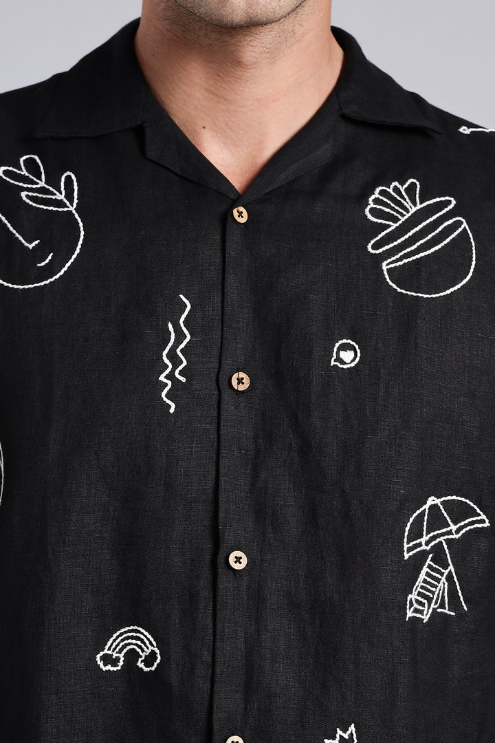 Handwork Black Linen Shirt – WanderMood Embroidery – 100% Pure Linen – Men's Trending Fashion | CraftedLinen