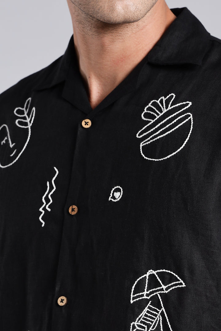 Handwork Black Linen Shirt – WanderMood Embroidery – 100% Pure Linen – Men's Trending Fashion | CraftedLinen