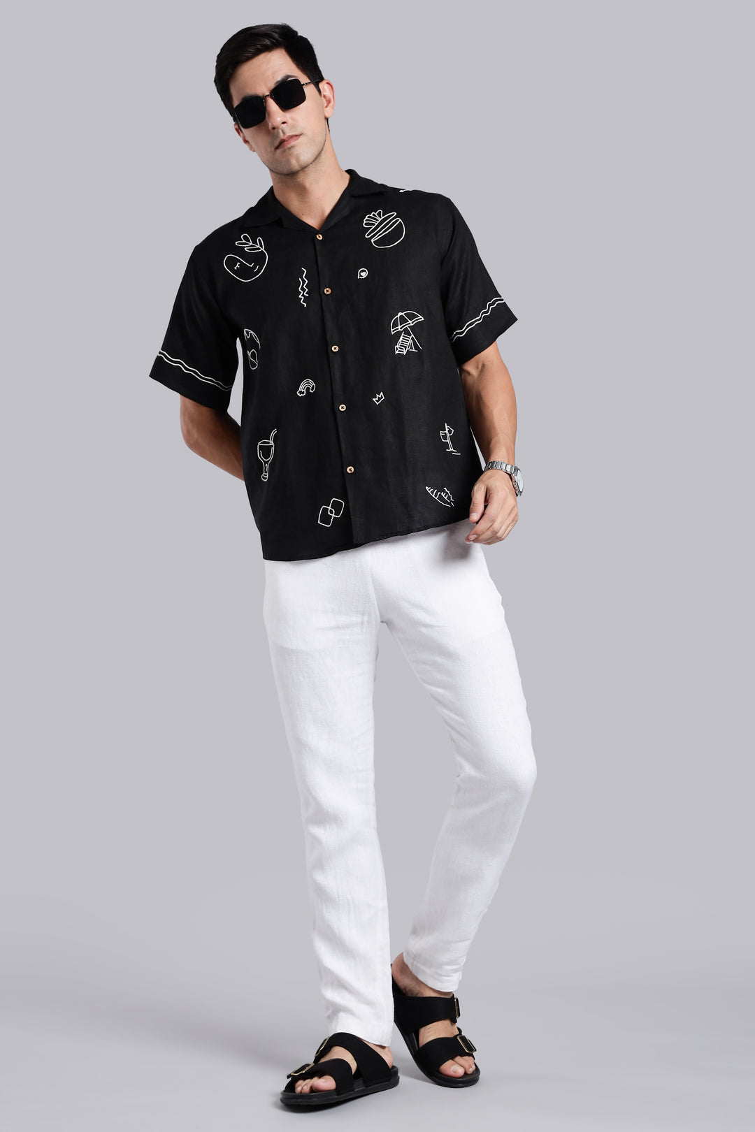 Handwork Black Linen Shirt – WanderMood Embroidery – 100% Pure Linen – Men's Trending Fashion | CraftedLinen