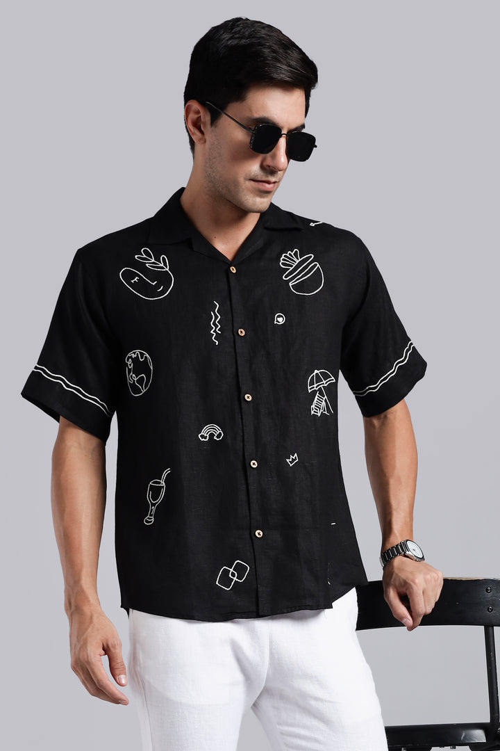 Handwork Black Linen Shirt – WanderMood Embroidery – 100% Pure Linen – Men's Trending Fashion | CraftedLinen