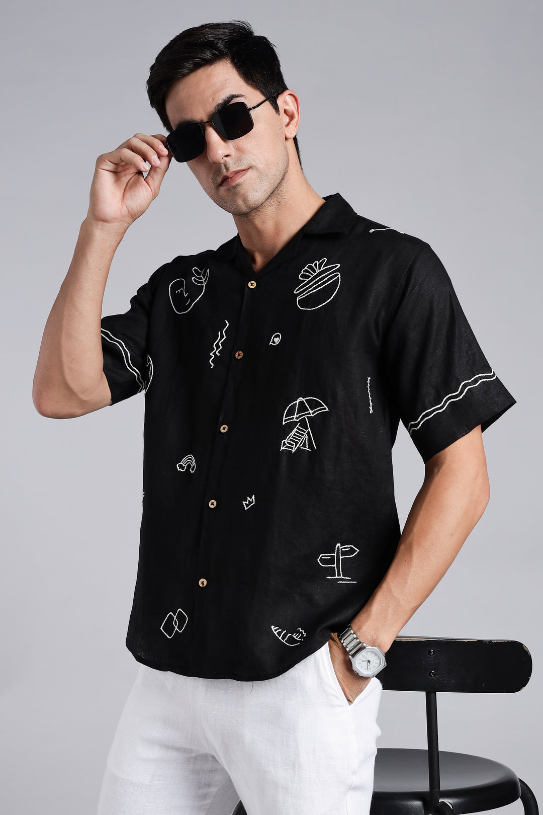 Handwork Black Linen Shirt – WanderMood Embroidery – 100% Pure Linen – Men's Trending Fashion | CraftedLinen