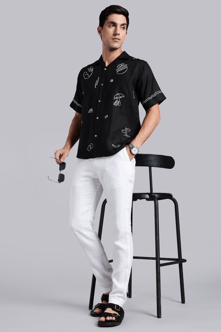 Handwork Black Linen Shirt – WanderMood Embroidery – 100% Pure Linen – Men's Trending Fashion | CraftedLinen