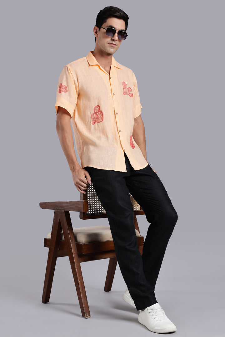 Handwork Soft Peach Linen Shirt – Terra Tints Embroidery – 100% Pure Linen – Men's Trending Fashion | CraftedLinen