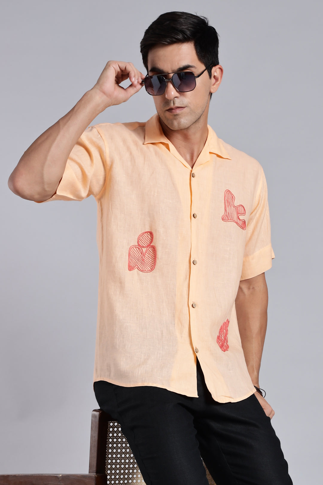Handwork Soft Peach Linen Shirt – Terra Tints Embroidery – 100% Pure Linen – Men's Trending Fashion | CraftedLinen