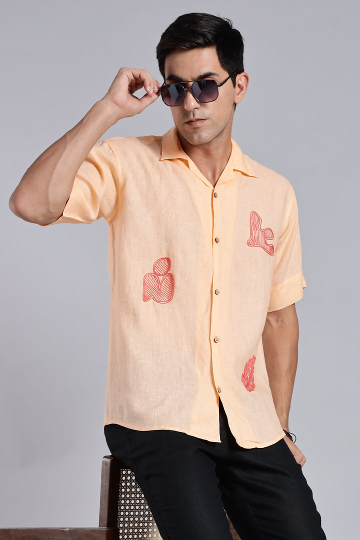Handwork Soft Peach Linen Shirt – Terra Tints Embroidery – 100% Pure Linen – Men's Trending Fashion | CraftedLinen