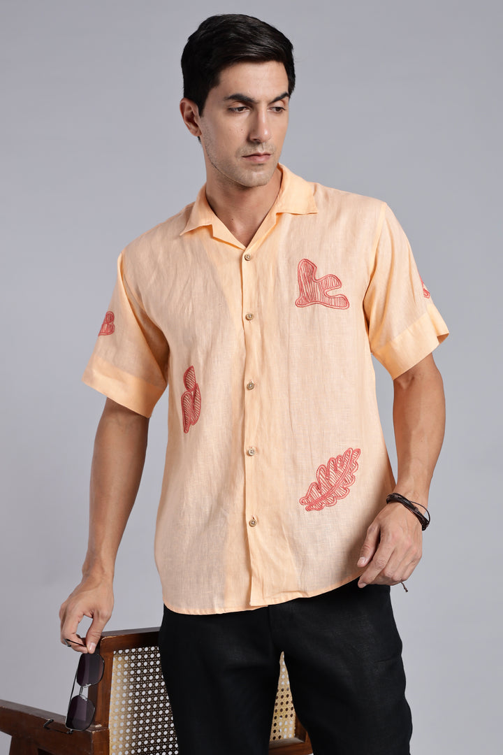 Handwork Soft Peach Linen Shirt – Terra Tints Embroidery – 100% Pure Linen – Men's Trending Fashion | CraftedLinen
