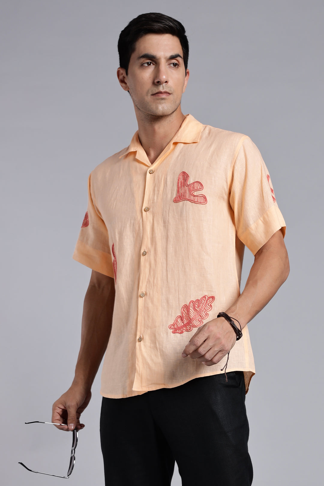 Handwork Soft Peach Linen Shirt – Terra Tints Embroidery – 100% Pure Linen – Men's Trending Fashion | CraftedLinen