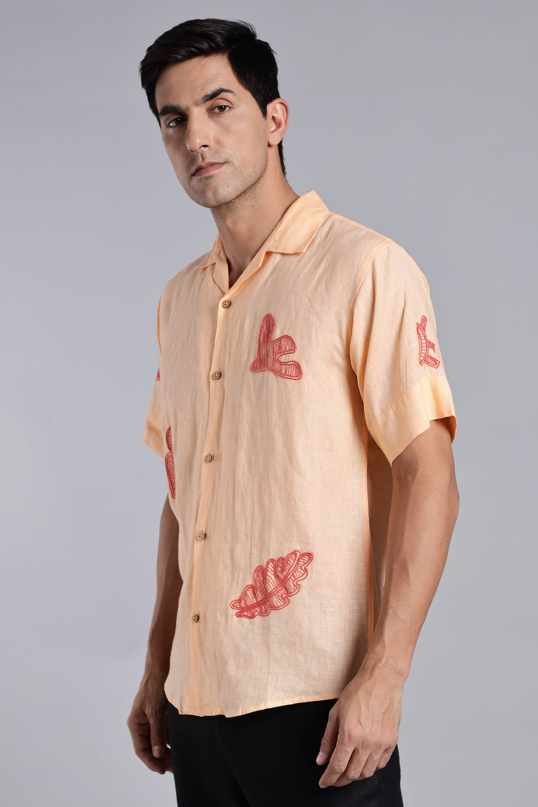 Handwork Soft Peach Linen Shirt – Terra Tints Embroidery – 100% Pure Linen – Men's Trending Fashion | CraftedLinen