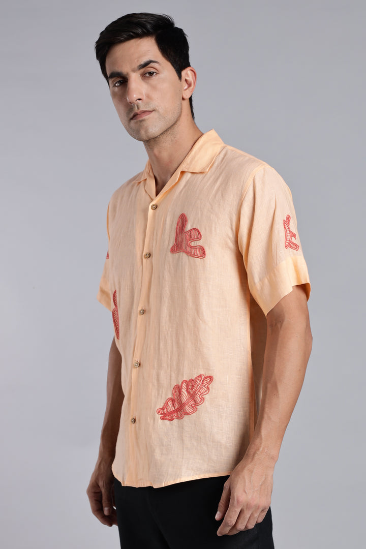 Handwork Soft Peach Linen Shirt – Terra Tints Embroidery – 100% Pure Linen – Men's Trending Fashion | CraftedLinen