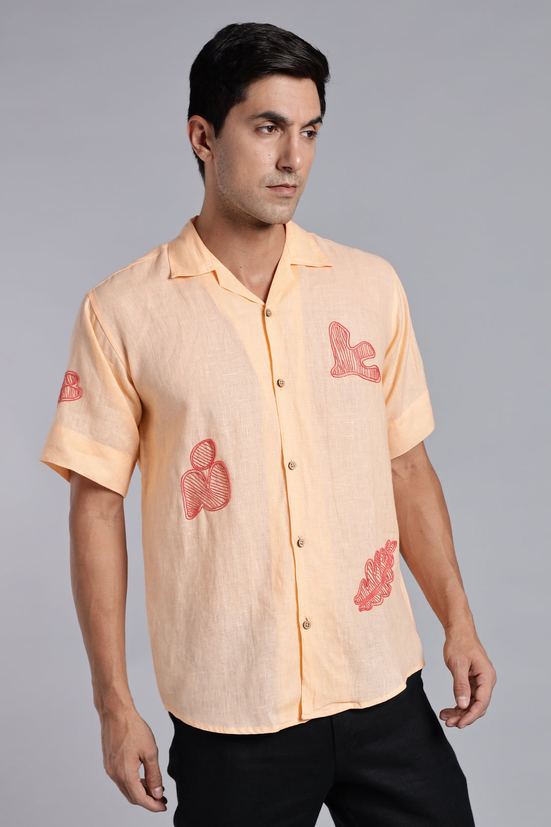 Handwork Soft Peach Linen Shirt – Terra Tints Embroidery – 100% Pure Linen – Men's Trending Fashion | CraftedLinen