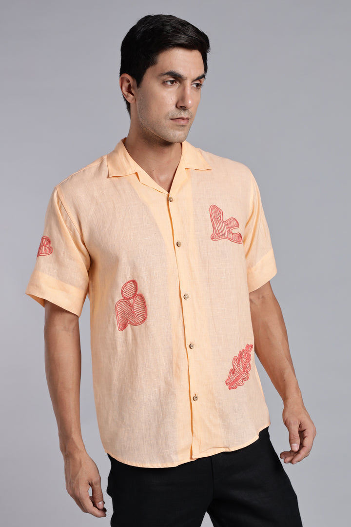Handwork Soft Peach Linen Shirt – Terra Tints Embroidery – 100% Pure Linen – Men's Trending Fashion | CraftedLinen