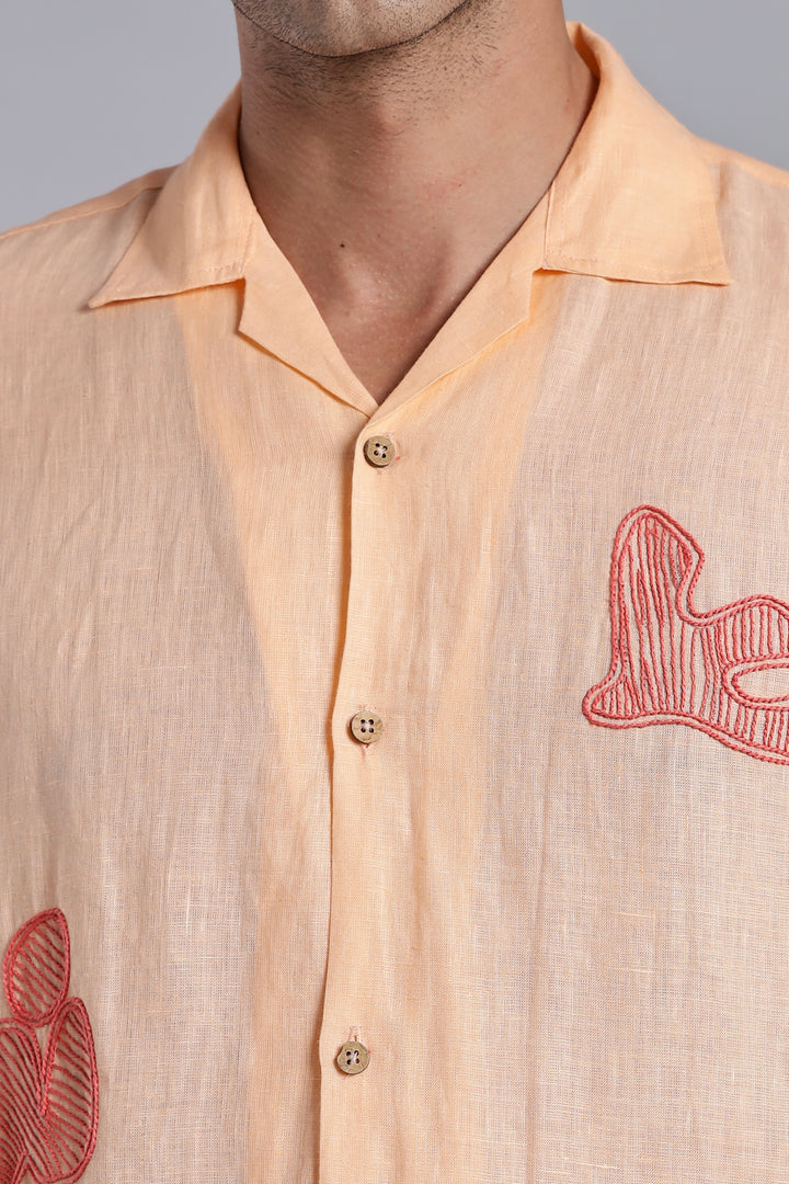 Handwork Soft Peach Linen Shirt – Terra Tints Embroidery – 100% Pure Linen – Men's Trending Fashion | CraftedLinen