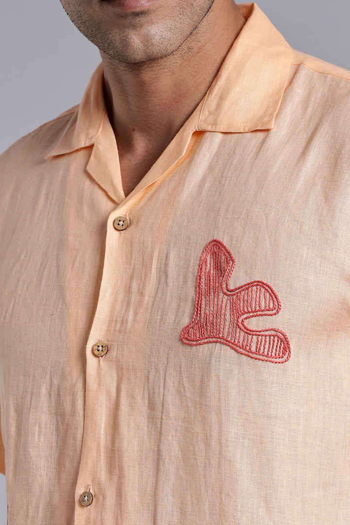 Handwork Soft Peach Linen Shirt – Terra Tints Embroidery – 100% Pure Linen – Men's Trending Fashion | CraftedLinen