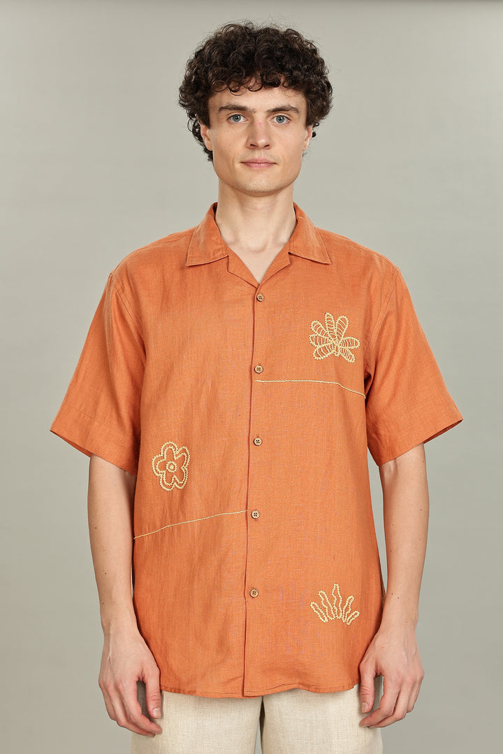 Terracotta Bloom Linen Shirt – 100% Pure Linen | Floral Hand Embroidery | Men’s Summer Fashion