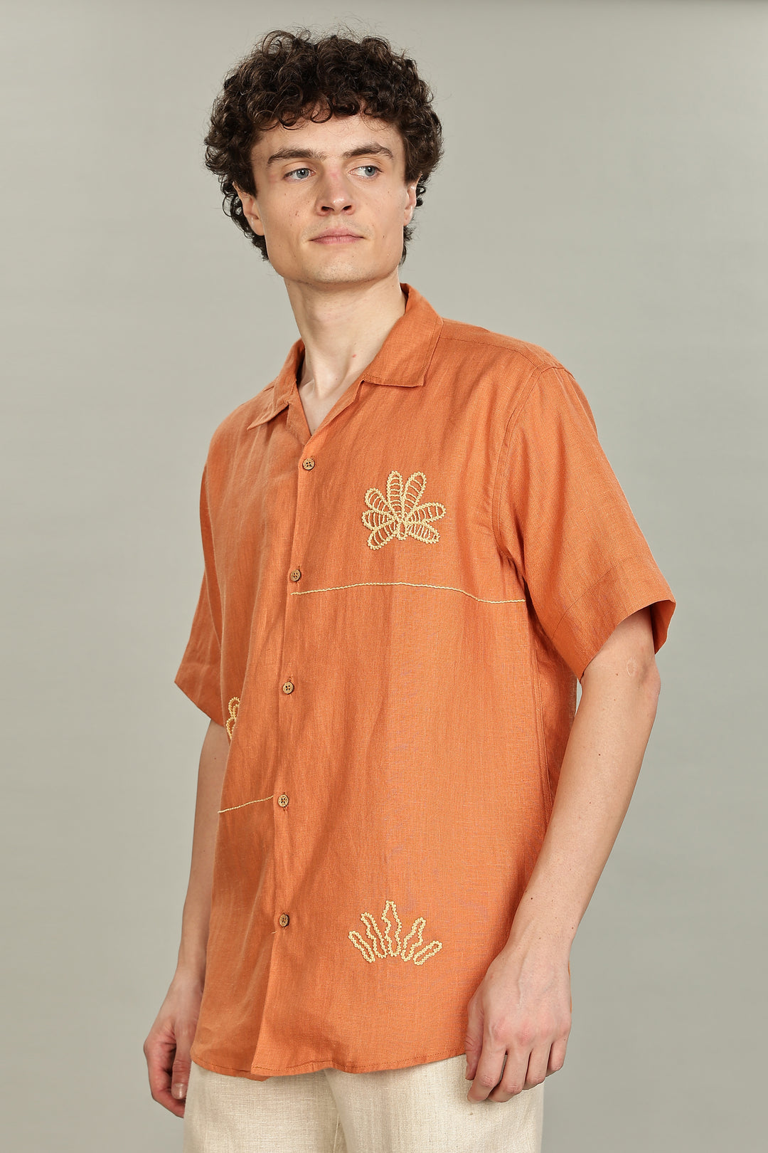 Terracotta Bloom Linen Shirt – 100% Pure Linen | Floral Hand Embroidery | Men’s Summer Fashion
