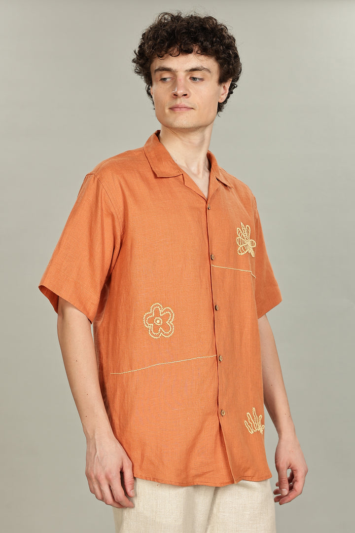 Terracotta Bloom Linen Shirt – 100% Pure Linen | Floral Hand Embroidery | Men’s Summer Fashion