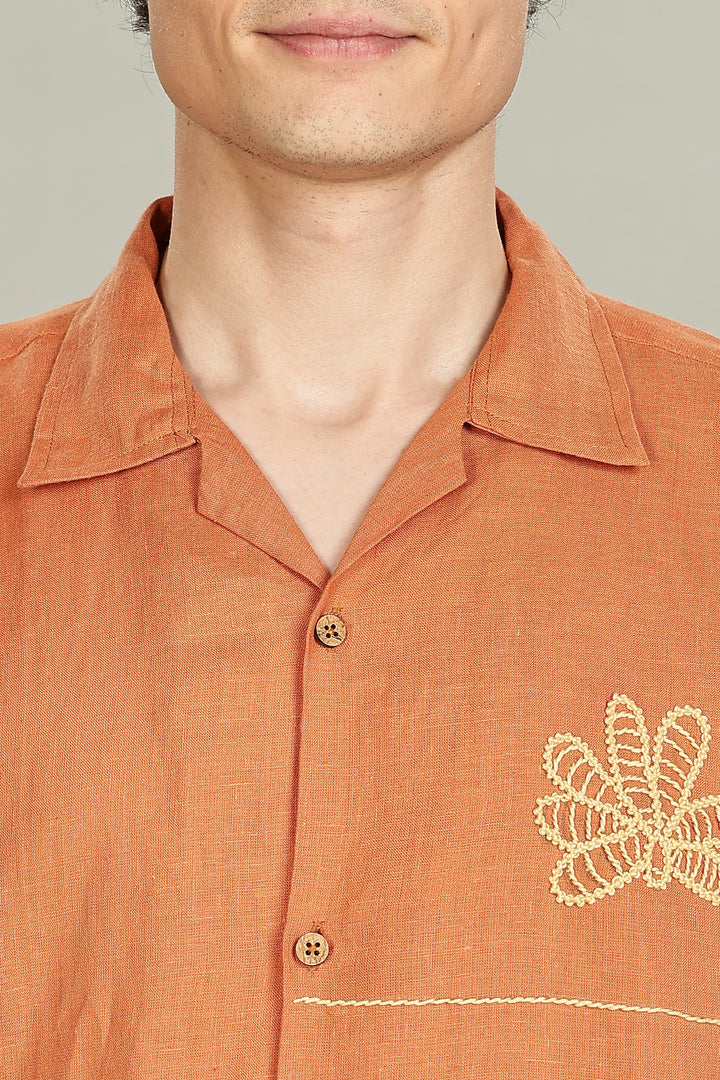 Terracotta Bloom Linen Shirt – 100% Pure Linen | Floral Hand Embroidery | Men’s Summer Fashion