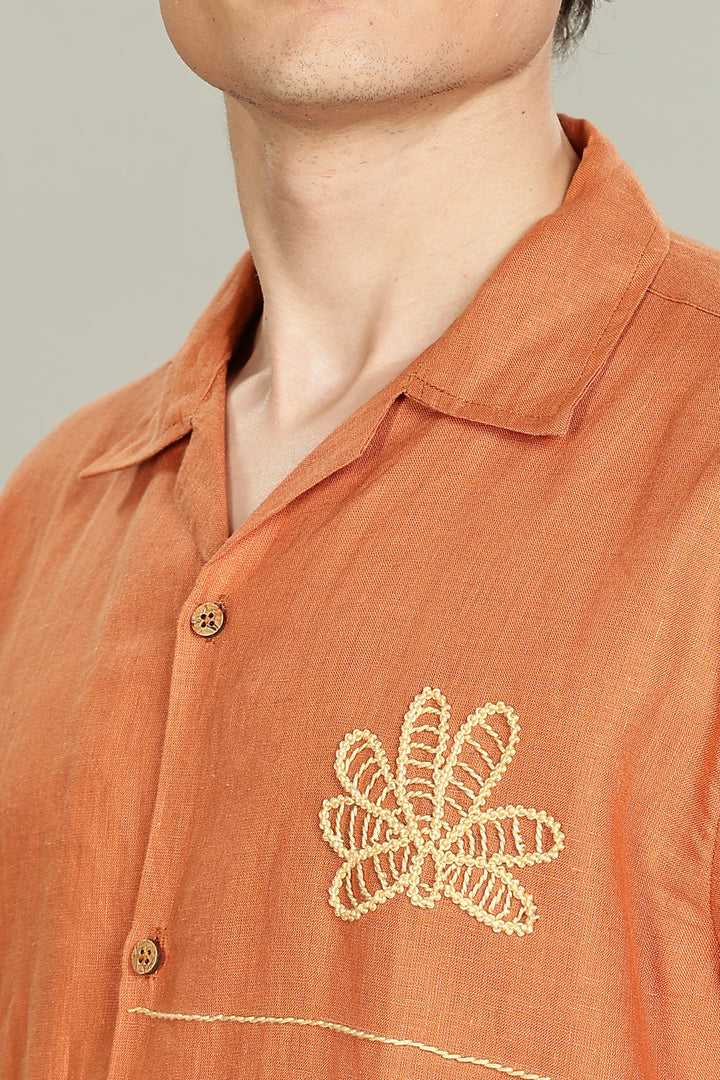 Terracotta Bloom Linen Shirt – 100% Pure Linen | Floral Hand Embroidery | Men’s Summer Fashion