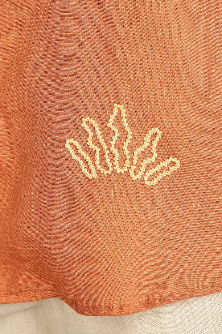 Terracotta Bloom Linen Shirt – 100% Pure Linen | Floral Hand Embroidery | Men’s Summer Fashion